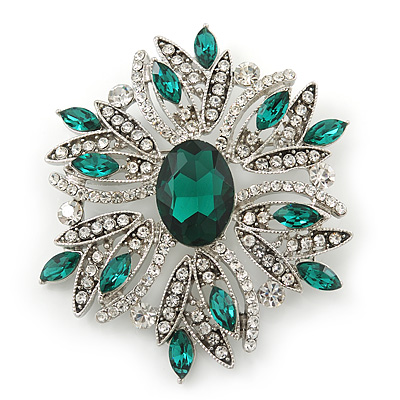 Stunning Bridal Emerald Green, Clear Austrian Crystal Corsage Brooch In Rhodium Plating - 60mm Length - main view