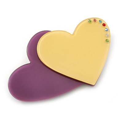Purple/ Yellow Austrian Crystal Double Heart Acrylic Brooch - 70mm Across