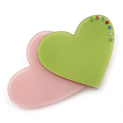 Baby Pink/ Lime Green Austrian Crystal Double Heart Acrylic Brooch - 70mm Across