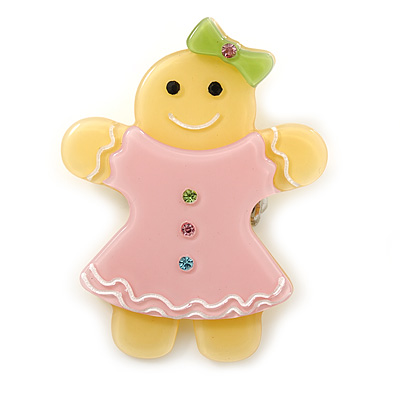 Bright Yellow/ Baby Pink Austrian Crystal Acrylic 'Gingerbread Girl' Brooch - 50mm Length