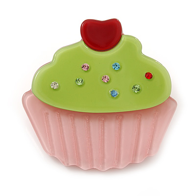 Baby Pink/ Lime Green Austrian Crystal Acrylic 'Cupcake' Pin Brooch - 40mm Across