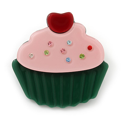 Dark Green/ Baby Pink Austrian Crystal Acrylic 'Cupcake' Pin Brooch - 40mm Across