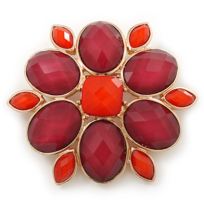Carrot Red/ Cranberry Acrylic Stone Flower Corsage Brooch In Gold Tone - 55mm Diameter