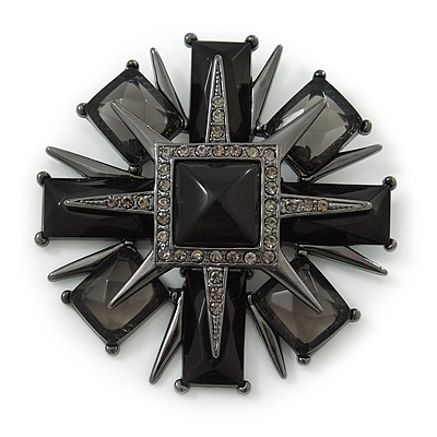 Victorian Style Black Resin Stone Layered Cross Brooch In Gun Metal - 75mm Across