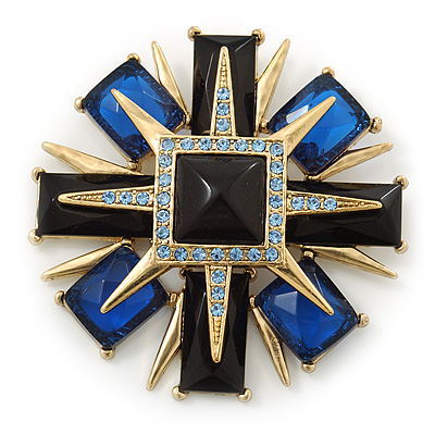 Victorian Style Black/ Blue Resin Stone Layered Cross Brooch In Gold Tone Metal - 75mm Across