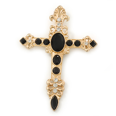 Large Black Glass, Clear Crystal 'Cross' Brooch In Gold Plating - 95mm Length - main view