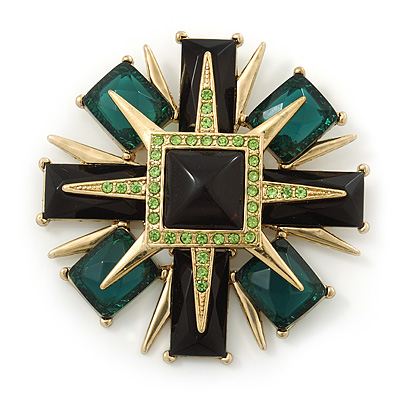 Victorian Style Black/ Dark Green Resin Stone Layered Cross Brooch In Gold Tone Metal - 75mm Across - main view