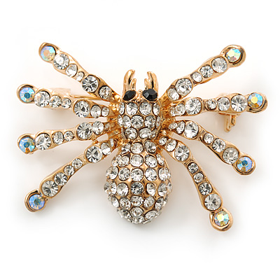 Clear, AB Crystal Spider Brooch In Gold Plating - 37mm Width