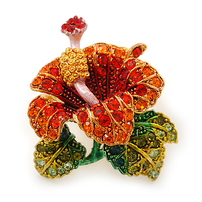 Red, Orange, Green Austrian Crystal Exotic Flower Brooch/ Pendant In Gold Plating - 35mm Length - main view