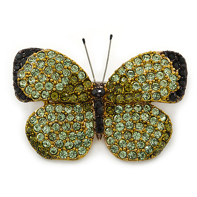 Green/ Olive Pave Set Swarovski Crystal Butterfly Brooch In Gold Tone - 45mm Across