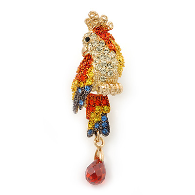 Small Multicoloured Austrian Crystal Parrot Bird Brooch In Gold Plating - 55mm L