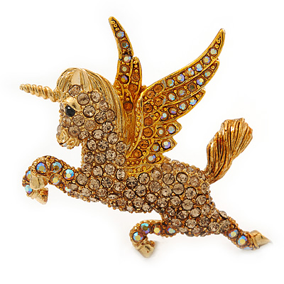 Stunning Austrian Crystal 'Unicorn' Brooch In Antique Gold Tone (AB, Orange, Light Topaz Colours) - 50mm Length