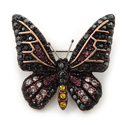 Small Black, Orange, Purple, Lavender Austrian Crystal Butterfly Brooch In Bronze Tone Metal - 30mm Length - main view