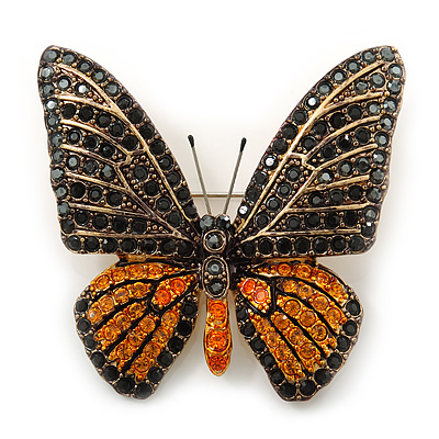 Black, Orange Austrian Crystal 'Tiger' Butterfly Brooch In Gold Plating - 50mm Length - main view