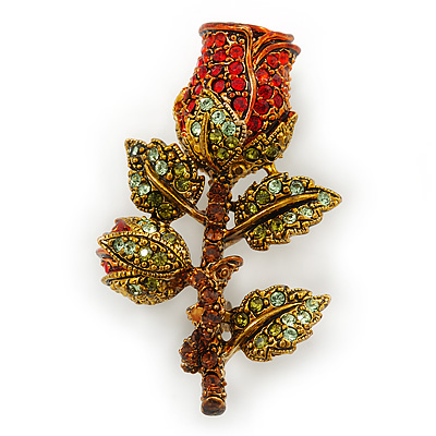 Red/ Green Swarovski Crystal 'Rose' Brooch In Antique Gold Tone - 43mm Across - main view