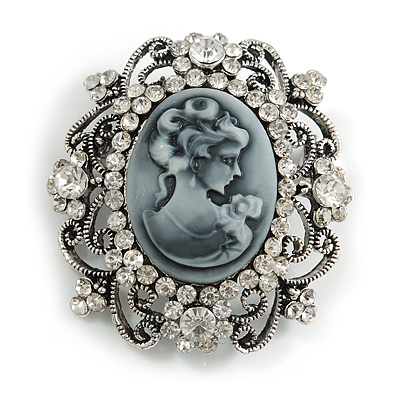 Vintage Style Crystal Cameo Brooch in Aged Silver Tone - 47mm Tall - main view