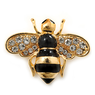 Small Black Enamel Crystal 'Bee' Brooch In Gold Plating - 35mm Across