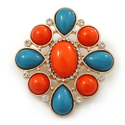 Coral/ Turquoise Coloured Acrylic Stone Corsage Brooch In Gold Plating - 55mm Across