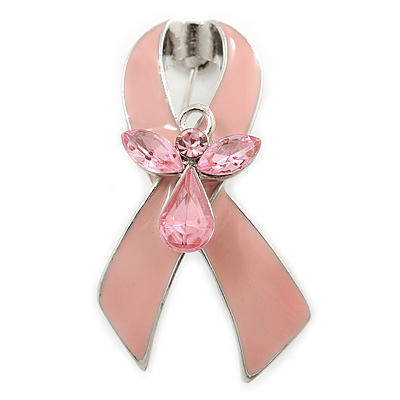 Baby Pink Enamel Crystal Angel Breast Cancer Awareness Ribbon Pin In Rhodium Plating - 42mm Length