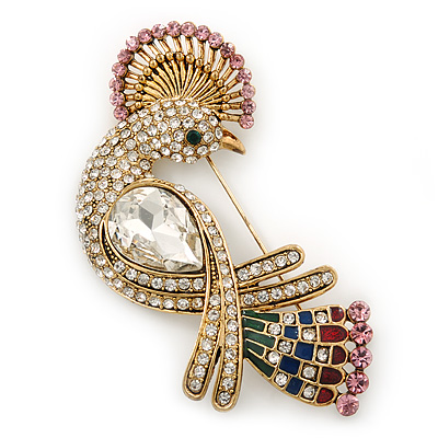 Gold Plated Clear, Pink Austrian Crystal Paradise Bird Brooch - 75mm Length - main view