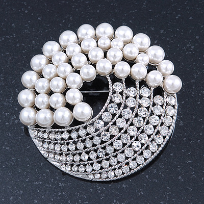 Large Bridal Glass Pearl, Crystal Dome Shape Corsage Brooch In Rhodium Plating - 60mm Diameter