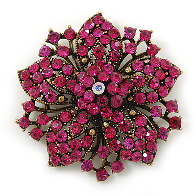 Victorian Corsage Flower Brooch In Antique Gold Tone & Bright Magenta Crystals - 55mm Diameter - main view
