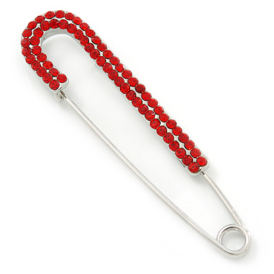 Classic Large Red Austrian Crystal Safety Pin Brooch In Rhodium Plating - 75mm Length