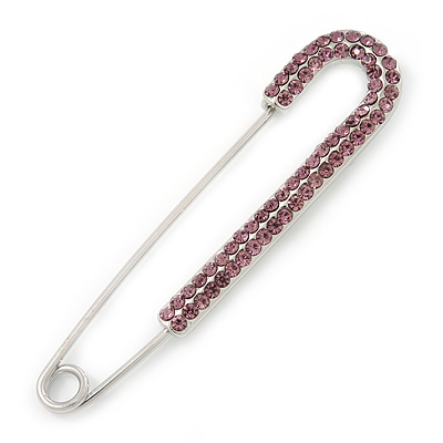 Classic Amethyst Austrian Crystal Safety Pin Brooch In Rhodium Plating - 75mm Length - main view