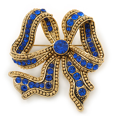 Vintage Inspired Sapphire Blue Crystal Bow Brooch In Antique Gold Metal - 50mm Length - main view