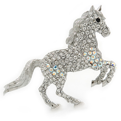 Clear/ AB Pave Set Austrian Crystal 'Horse' Brooch - 65mm Across