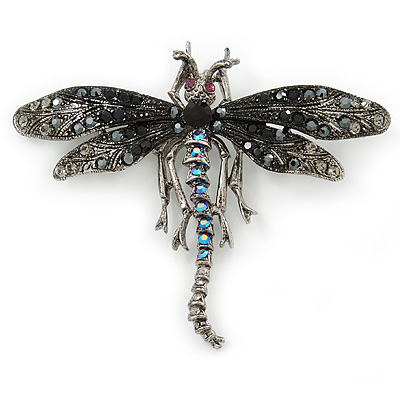 Black, Hematite, AB Crystal Dragonfly Brooch In Antique Silver Tone Metal - 70mm Across
