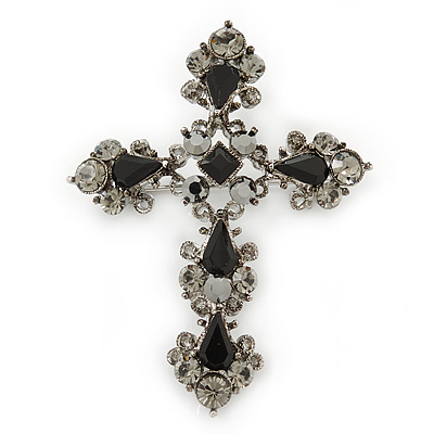 Victorian Black, Hematite Austrian Crystal Cross Brooch/ Pendant In Gunmetal - 58mm Length