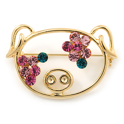 Gold Plated Pink Crystal Piggy Brooch - 40mm Length