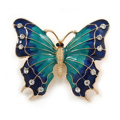 Green/ Dark Blue Enamel, Crystal Butterfly Brooch In Gold Tone - 55mm L