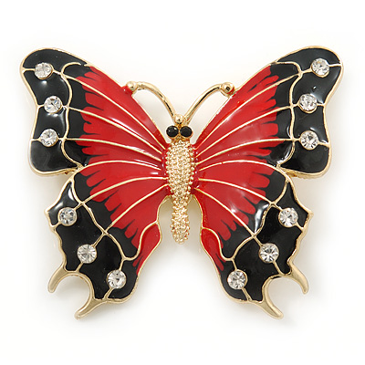 Red/ Black Enamel, Crystal Butterfly Brooch In Gold Tone - 55mm L