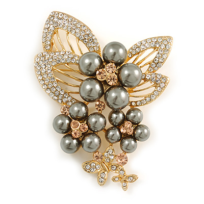Grey Faux Pearl, Clear, Citrine Austrian Crystal Floral Brooch In Gold Tone - 75mm L - main view