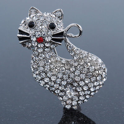 Pave Set Clear Austrian Crystal 'Kitty' Brooch In Silver Tone - 40mm L