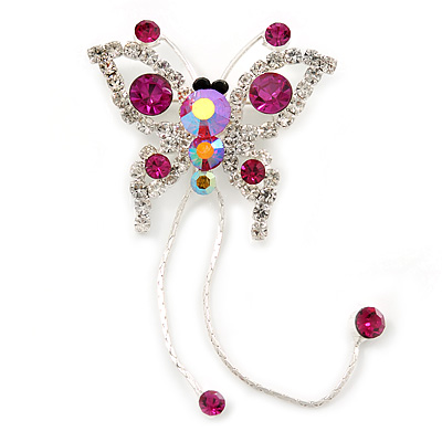 Fuchsia, Clear Crystal Butterfly With Dangling Tail Brooch In Silver Tone - 95mm L