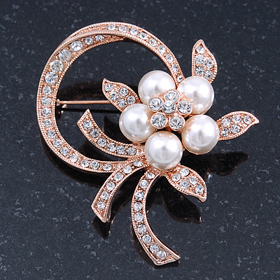Bridal Crystal, Similutated Pearl Flower Brooch In Rose Tone Gold - 50mm Across - main view