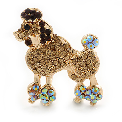 Gold Plated Citrine/ AB/ Topaz Crystal Poodle Brooch - 37mm L - main view