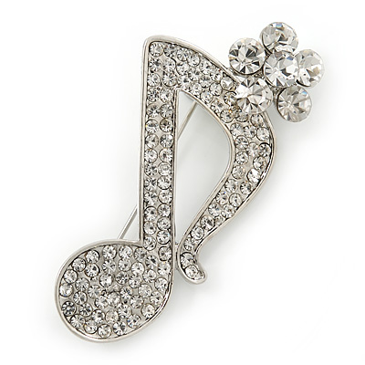 Silver Tone Clear Crystal Musical Note Brooch - 40mm L