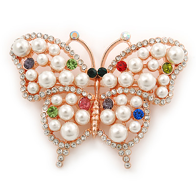 White Glass Pearl, Multicoloured Austrian Crystal Butterfly Brooch In Rose Gold Tone Metal - 58mm L - main view