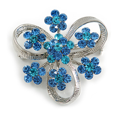 3 Petal Light Blue Crystal Flower Brooch In Rhodium Plating - 40mm Across