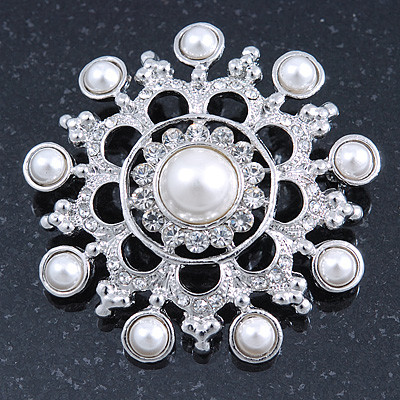 Bridal Crystal, Faux Pearl Filigree Round Brooch In Silver Tone - 47mm Diameter