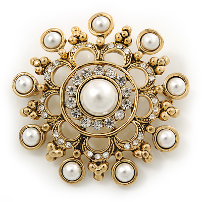 Vintage Inspired Crystal, Faux Pearl Filigree Round Brooch In Gold Tone - 47mm Diameter - main view