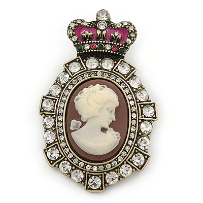Vintage Inspired Clear Austrian Crystal Cameo Brooch In Antique Gold Metal - 65mm L