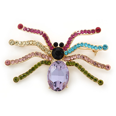 Multicoloured Austrian Crystal Spider Brooch In Gold Tone - 63mm W - main view