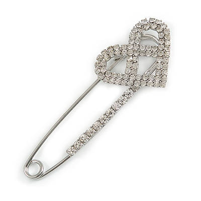 Rhodium Plated Clear Crystal Heart Safety Pin Brooch - 85mm L