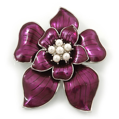Deep Purple Enamel Layered Flower Brooch In Silver Tone - 60mm L