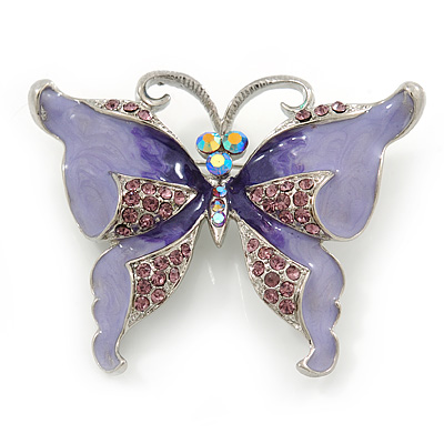 Purple Enamel Crystal Butterfly Brooch In Rhodium Plating - 50mm W